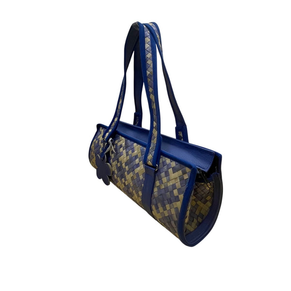 Woven Tote Bag Blue & Beige Checkered Pattern Flower Charm Detailing Handles