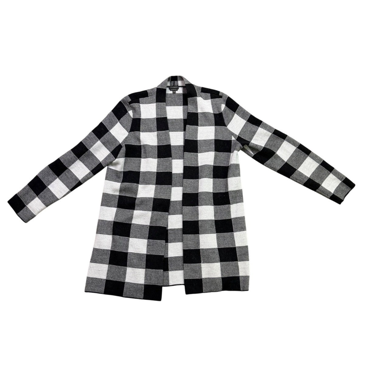 Talbots Womens Black White Merino Checkered Pattern Open Front Cardigan Size L