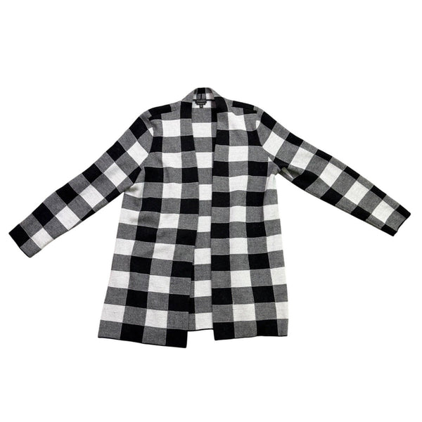 Talbots Womens Black White Merino Checkered Pattern Open Front Cardigan Size L