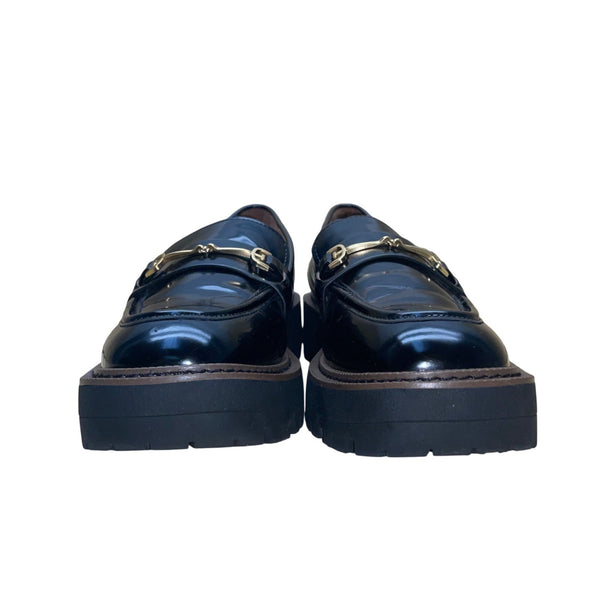 Sam Edelman Women’s Black Faux Patent Leather Horsebit Accent Lug Loafers Sz 8M
