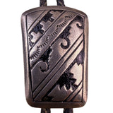 Vintage Western-Style Black Leather Bolo Tie With Etched Silver Tone Metal Slide