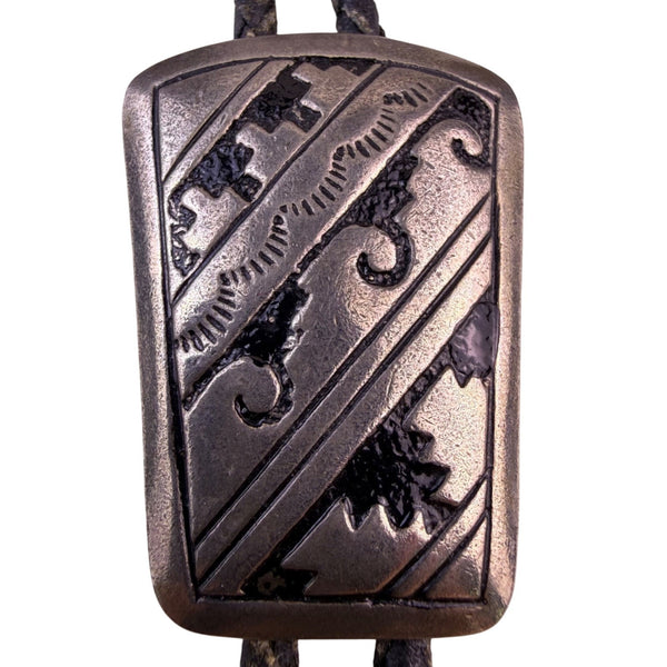 Vintage Western-Style Black Leather Bolo Tie With Etched Silver Tone Metal Slide