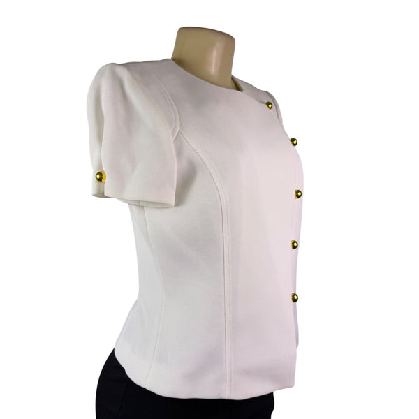 Tahari Womens White Polyester Short Sleeve Gold Button Detail Blouse Size 4