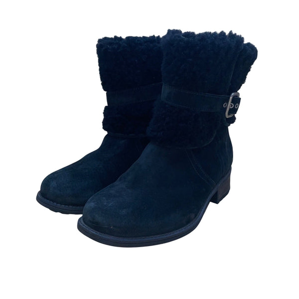 UGG Womens Black Suede Shearling Buckled Mid-Calf Winter Boots Size 7