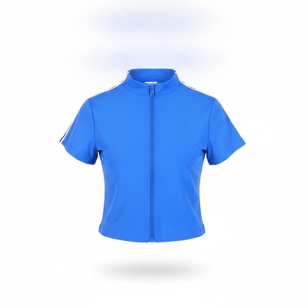 G Édition Womens Blue Zip-Up Short Sleeve Top Athletic Stretch Size P/S