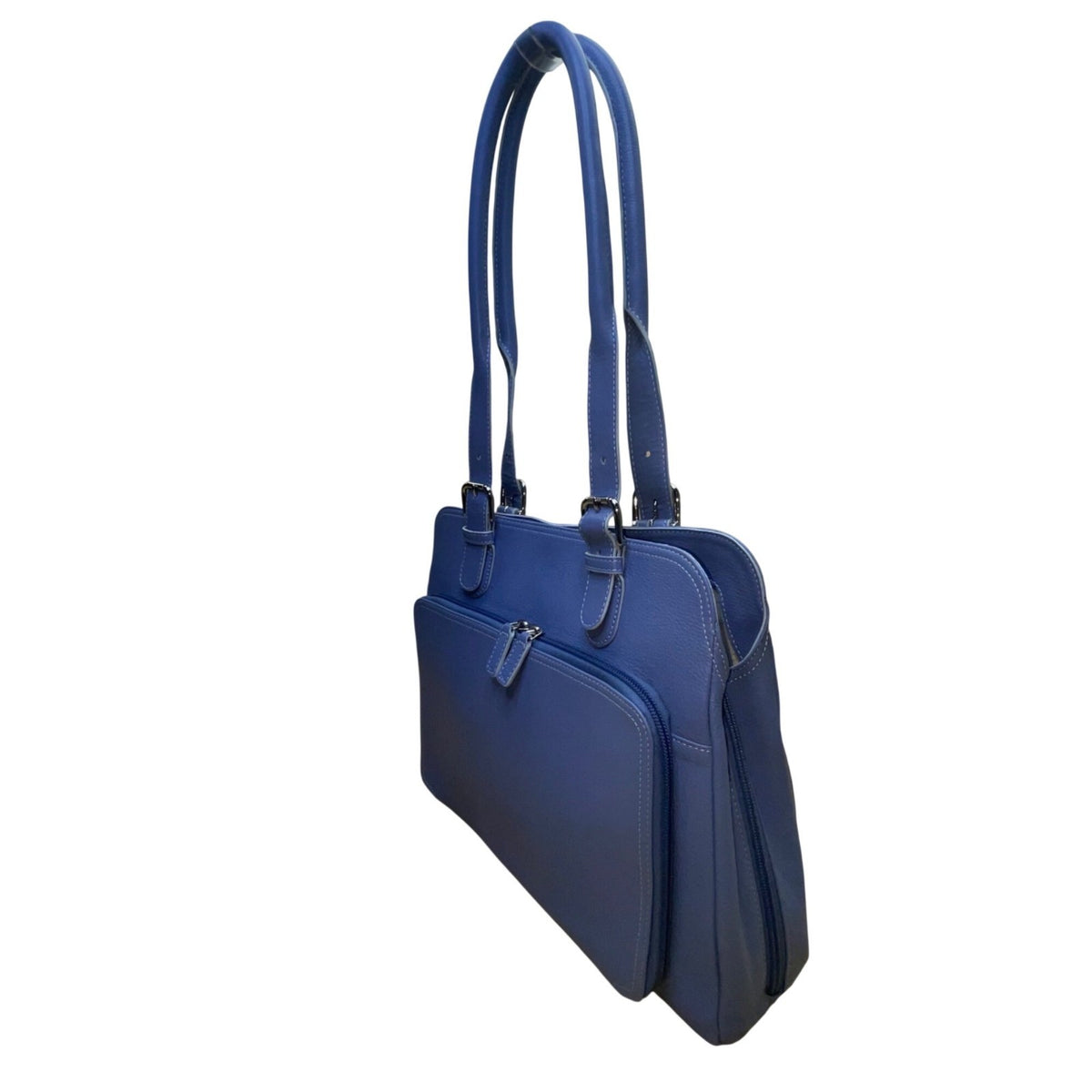 Levenger Women’s Blue Leather Double Handles Front Pocket Shoulder Tote Bag
