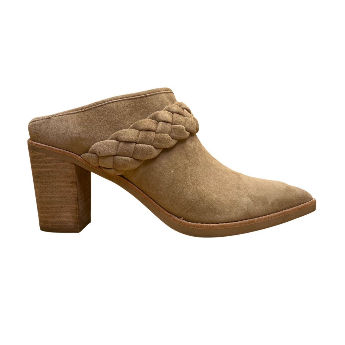 Vita Women’s Tan Suede Braided Slip-On Block Heel Mule Size 8