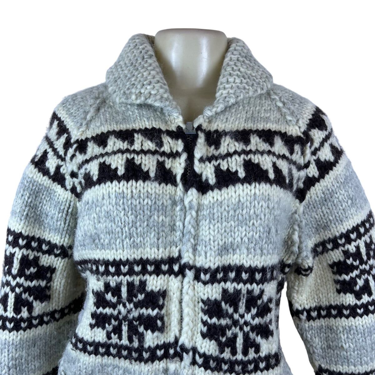 Tuak Unisex Grey & Black Wool Nordic Knit Cardigan Sweater Shawl Collar