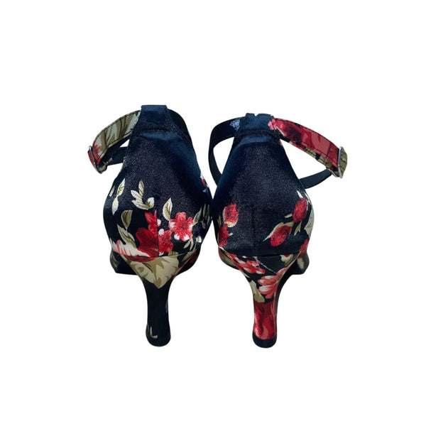 QianYiCowu Women’s Black & Red Floral Satin Peep-Toe Latin Salsa Heels Size 41