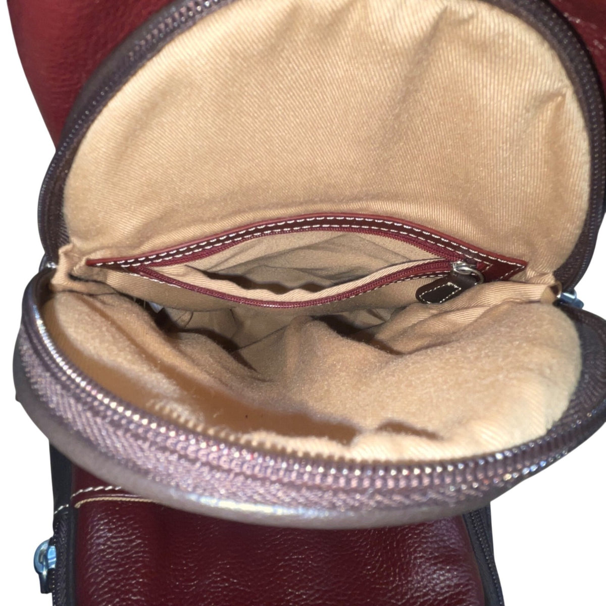 Women’s Burgundy Leather Multiple Compartments Sling Adjustable Straps Backpack