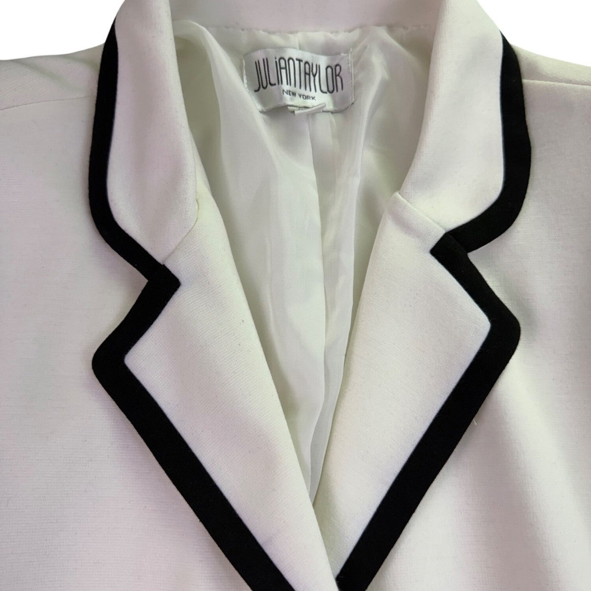 Julian Taylor Womens White Long Jacket With Black Trim Button Front  Size 14