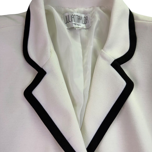 Julian Taylor Womens White Long Jacket With Black Trim Button Front  Size 14