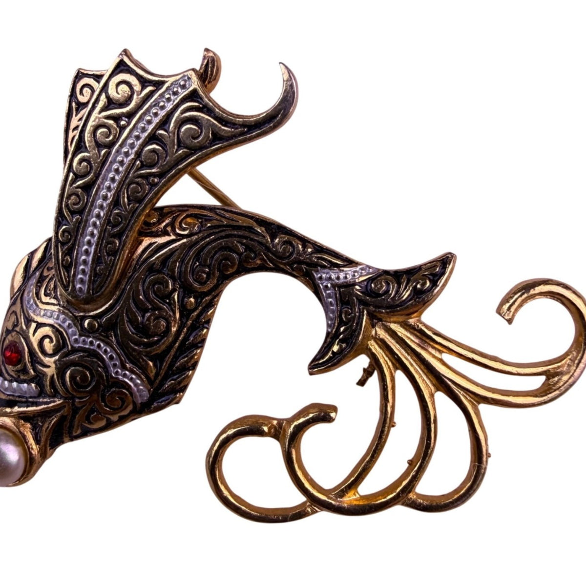 Vintage Damascene Gold Tone Womens Brooch Flying Fish Design Pearl & Red Accents