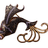 Vintage Damascene Gold Tone Womens Brooch Flying Fish Design Pearl & Red Accents