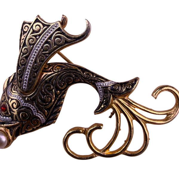 Vintage Damascene Gold Tone Womens Brooch Flying Fish Design Pearl & Red Accents