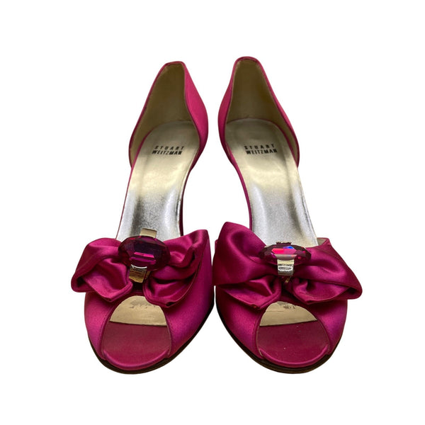 Stuart Weitzman Women’s Pink Satin Open Toe Bow Embellished DOrsay Heel Sz 8.5