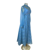 Vintage Womens Blue Embellished Sheer Long-Sleeve Gown With Beaded Overlay
