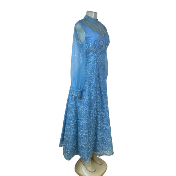 Vintage Womens Blue Embellished Sheer Long-Sleeve Gown With Beaded Overlay