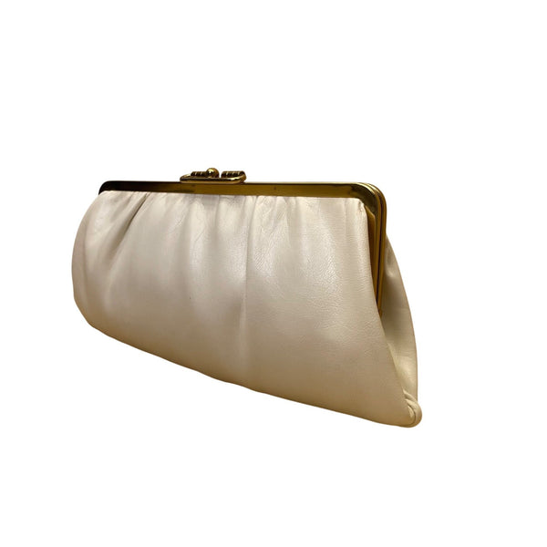 Vintage Women's White Leather With Gold Trim Pleated Design Evening Clutch Bag