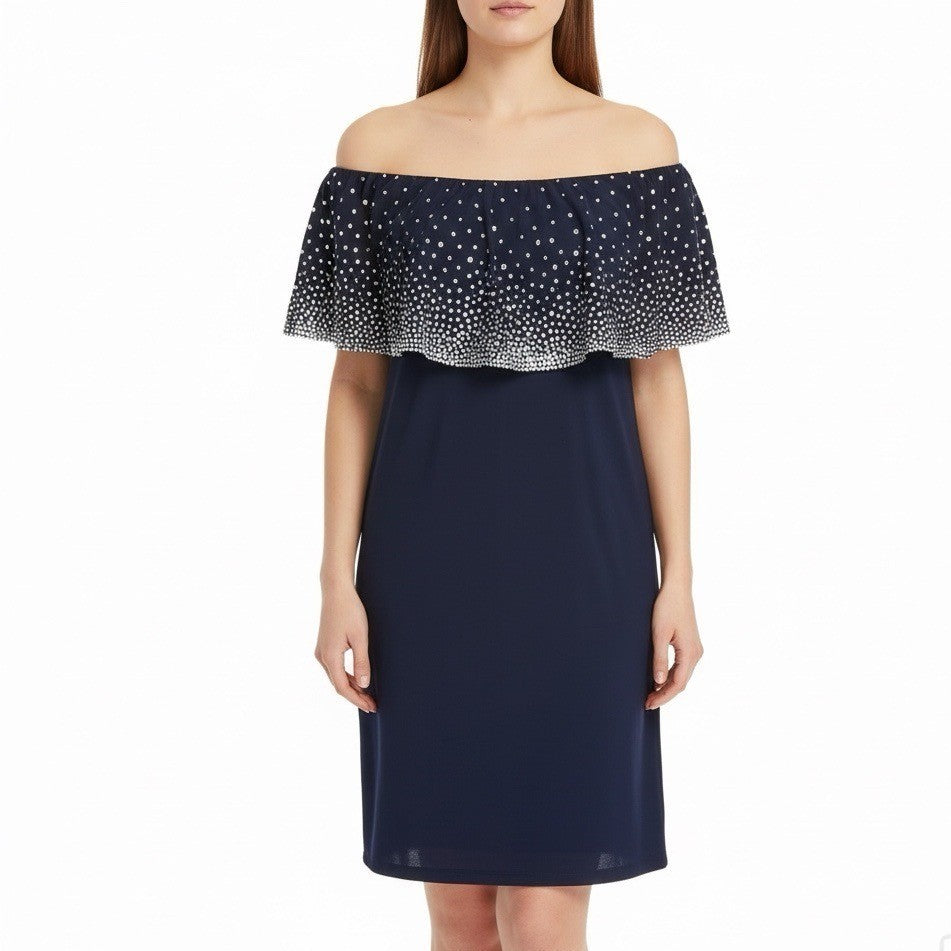 MSK Womens Navy Polyester Beaded Chiffon Overlay Midi Dress Size M