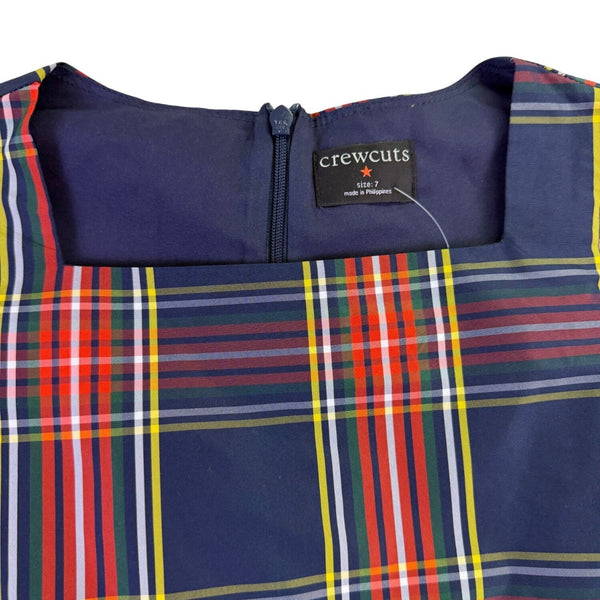Crewcuts Girls Navy Multicolor Plaid Polyester Puff Sleeve Party Dress Size 7