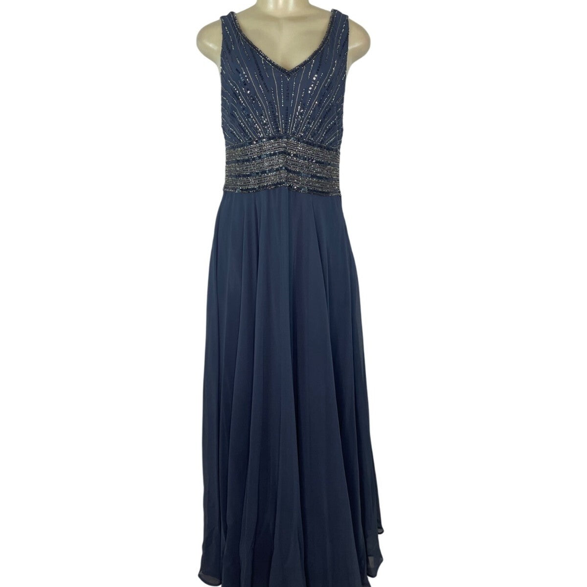 Jkara Women’s Navy Blue Beaded Sleeveless Evening Gown With Sheer Jacket Sz 12