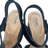Clarks Women’s Black Leather Adhesive Strap Tulip Gem Wedge Sandals Size 11M