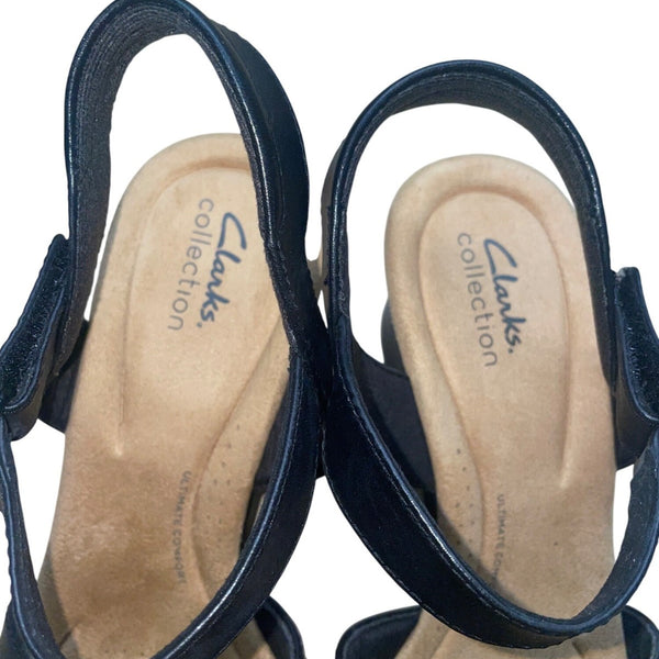Clarks Women’s Black Leather Adhesive Strap Tulip Gem Wedge Sandals Size 11M