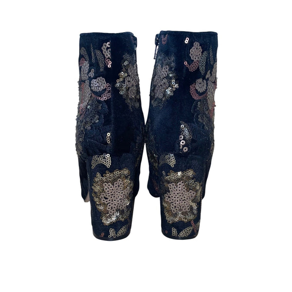 Aldo Women’s Black Velvet & Gold Sequin Floral Decor Fiery Ankle Boots Size 6