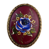 Vintage Hand-Painted Womens Burgundy Resin Brooch Gold-Tone Floral Oval Cabochon