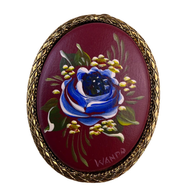 Vintage Hand-Painted Womens Burgundy Resin Brooch Gold-Tone Floral Oval Cabochon