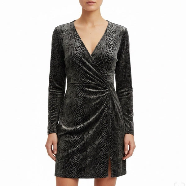 Robbie Bee Womens Black Animal Print Long Sleeve Wrap Dress Size S