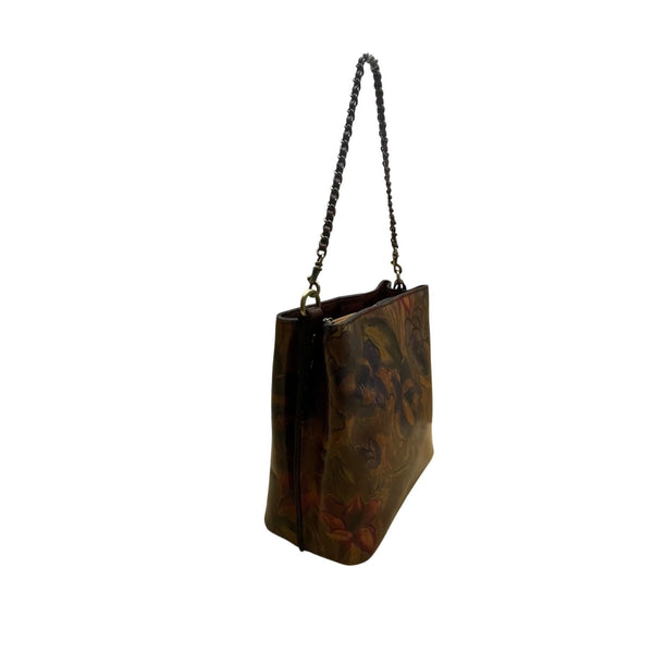 Patricia Nash Womens Brown Leather Floral Embossed Chain Strap Shoulder Tote Bag