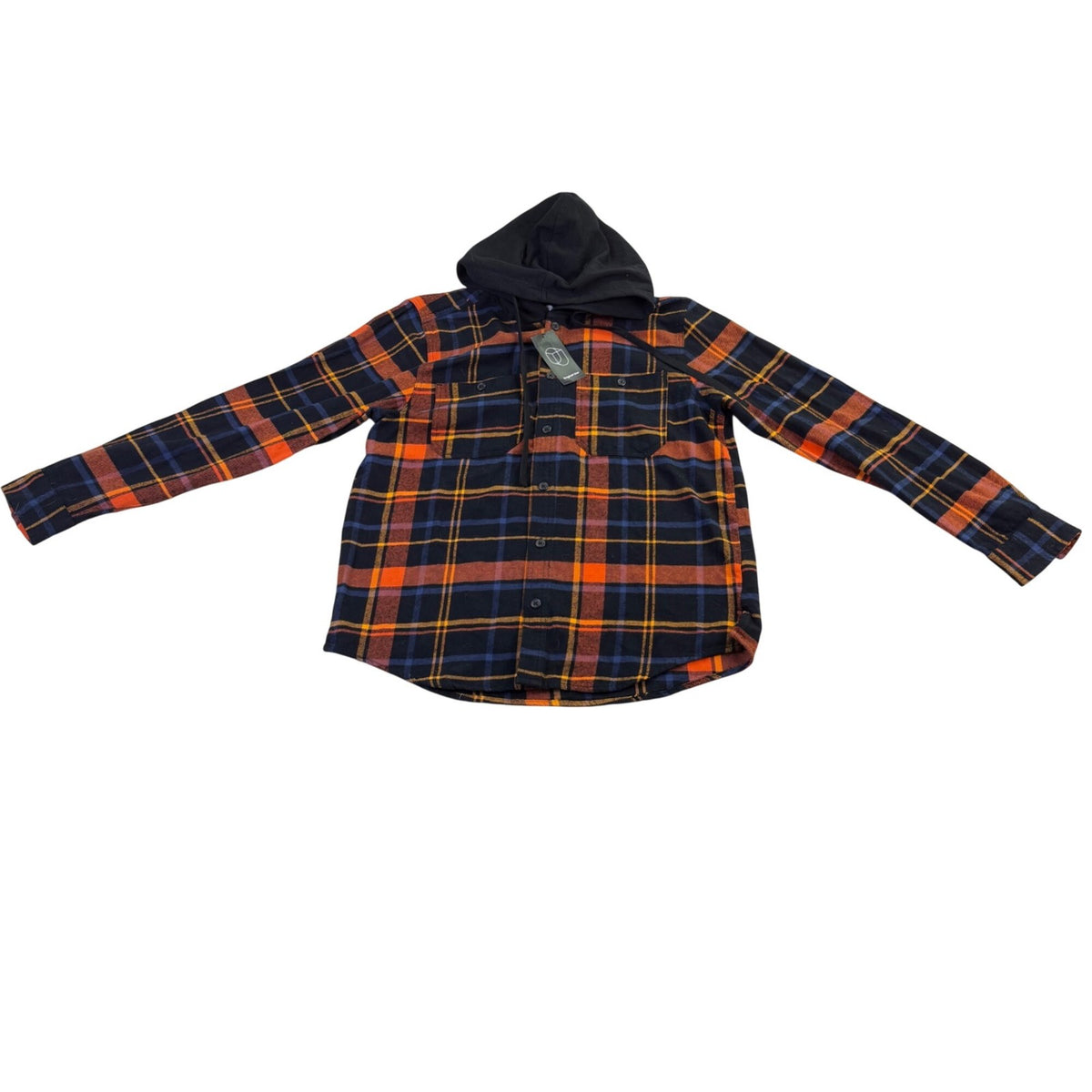 Original Use Mens Orange & Navy Plaid Cotton Hooded Button-Up Shirt Size M
