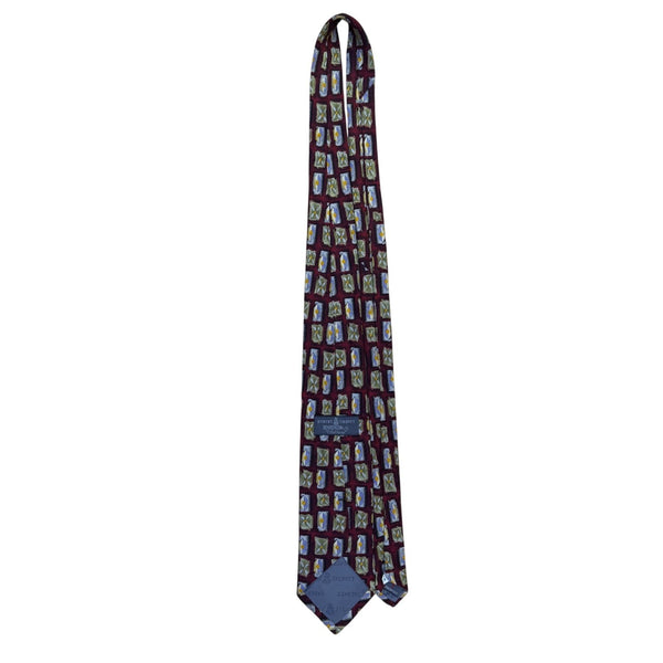 Robert Talbott Mens Burgundy Silk Floral & Geometric Print Tie Hand-Sewn USA