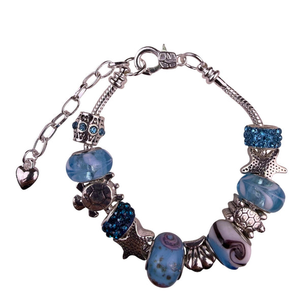 Cute Blue Sea Animals Charm Bracelet Silver Tone Beaded Adjustable