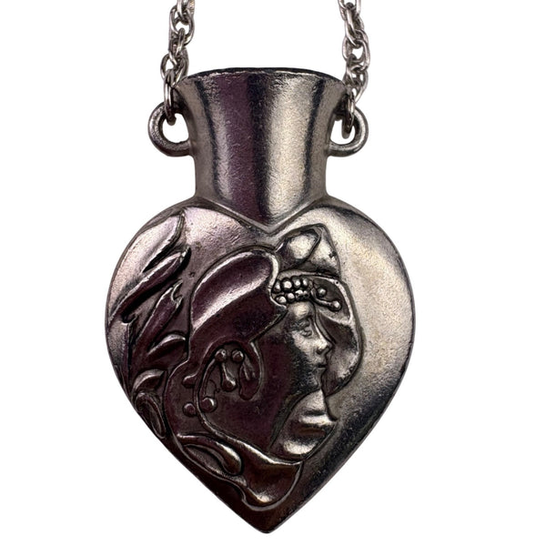 Vintage Silver Tone Womens Heart Necklace Greco Egyptian Vase Profile