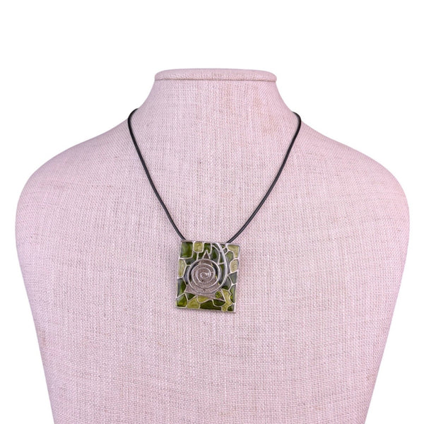 Barcelona Womens Black Leather Necklace With Green Enamel Silver Tone Pendant