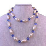 Monet Womens Cream & Blue Bead Vintage Necklace 50s 60s Era Oval & Round Design