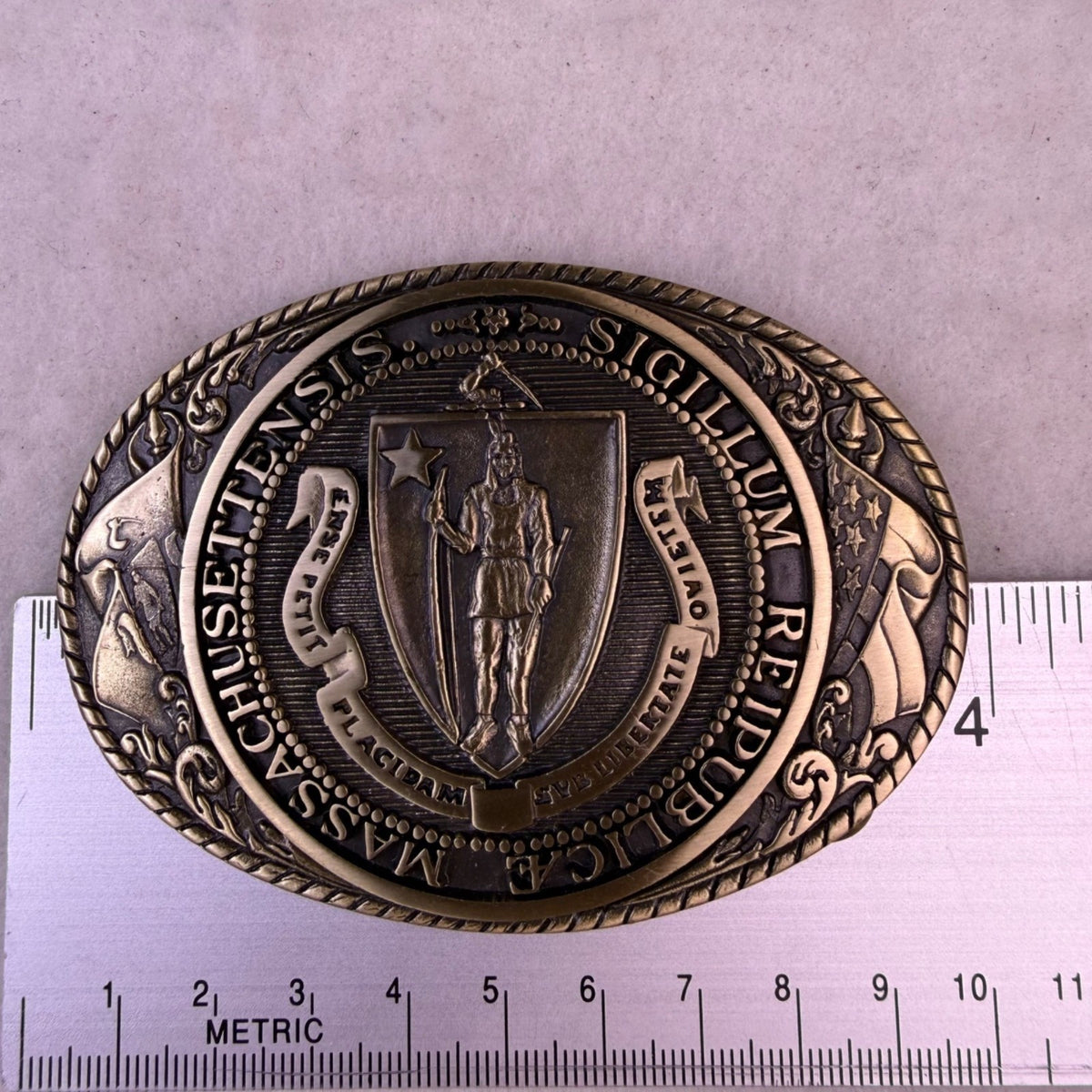 Tony Lama Mens Brass Great Seal Of Massachusetts Belt Buckle Solid & Collectible