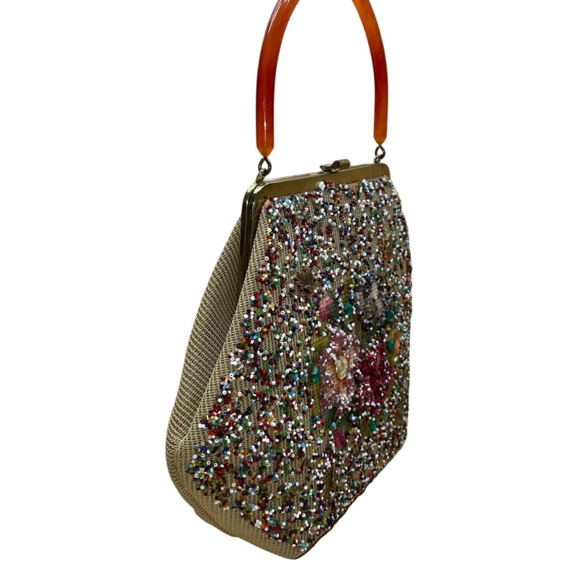 Soure Bag Women’s Multicolor Beaded Floral Resin Handle Hexagon Design Handbag