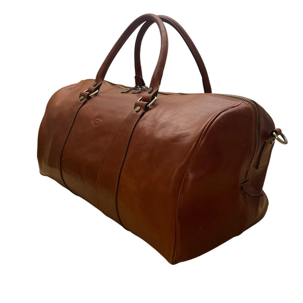 D&D Firenze Men’s Brown Leather Double Handles Shoulder Strap Travel Duffel Bag
