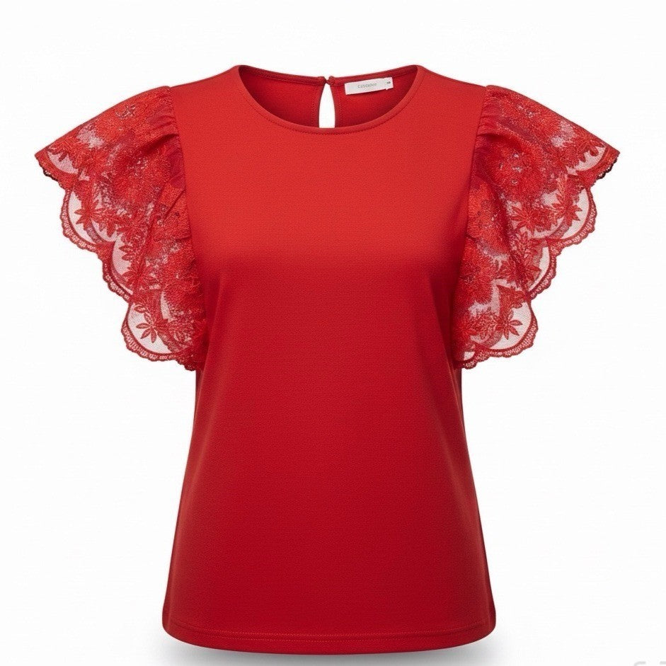 La Dama Womens Red Lace Sleeve Top Size S