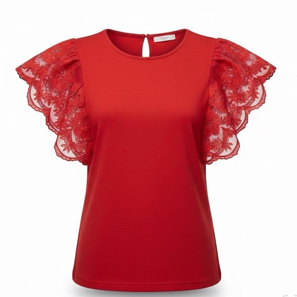 La Dama Womens Red Lace Sleeve Top Size S