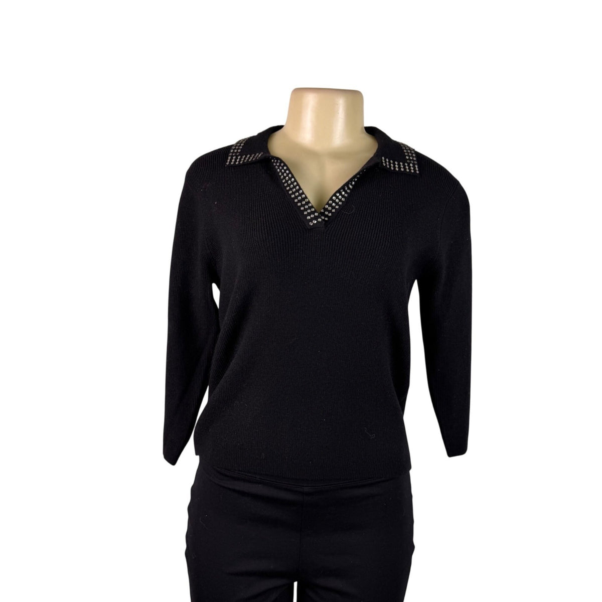Liv Milano Womens Black Sweater Rhinestone Collar 3/4 Sleeves Pullover Sz XS