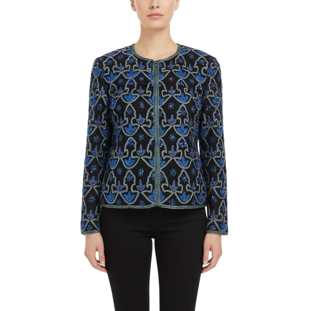 Laurence Kazar Womens Black & Blue Silk Beaded Floral Jacket Elegant Size M