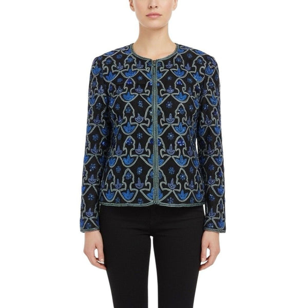 Laurence Kazar Womens Black & Blue Silk Beaded Floral Jacket Elegant Size M