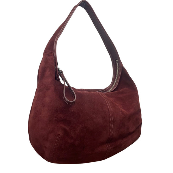 Coach Womens Burgundy Suede Hobo Bag Handcrafted Spacious Interior Zip Closure