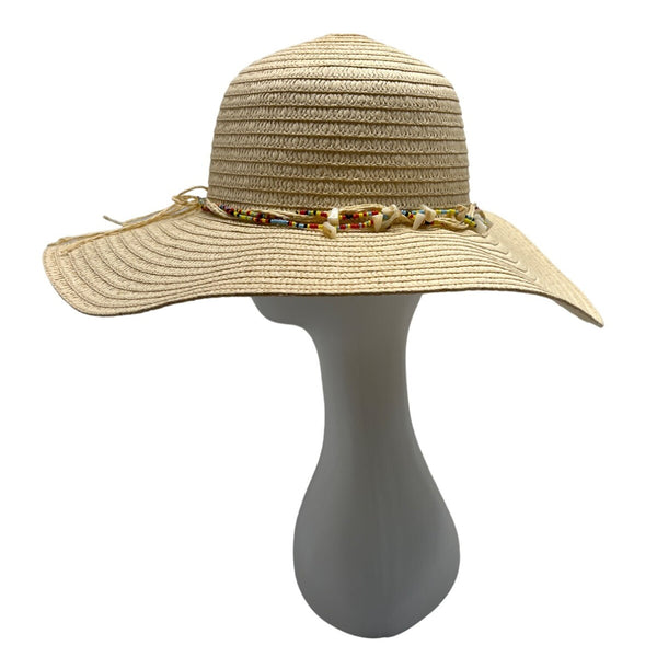 Head Wear Wide Brim Straw Sun Hat With Beaded & Shell Band For Women