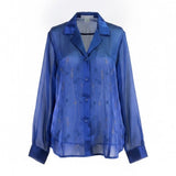 Dress Barn Womens Blue Sheer Embroidered Button-Front Long-Sleeve Blouse Size L